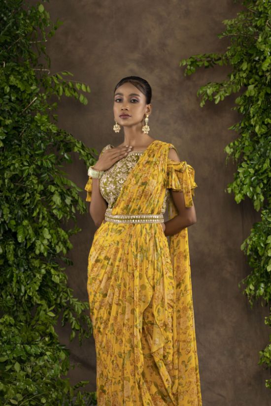 Yellow floral printed Moomal drape sari